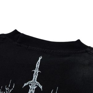 Concert Outfit Heavy Cotton Washed Cross Shield Print T-Shirt