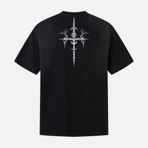 Concert Outfit Heavy Cotton Washed Cross Shield Print T-Shirt