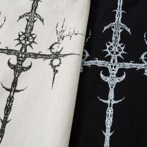 Concert Outfit Heavy Cotton Washed Cross Shield Print T-Shirt