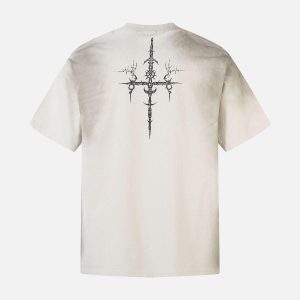 Concert Outfit Heavy Cotton Washed Cross Shield Print T-Shirt