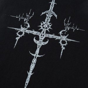 Concert Outfit Heavy Cotton Washed Cross Shield Print T-Shirt