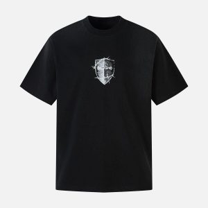 Concert Outfit Heavy Cotton Washed Cross Shield Print T-Shirt