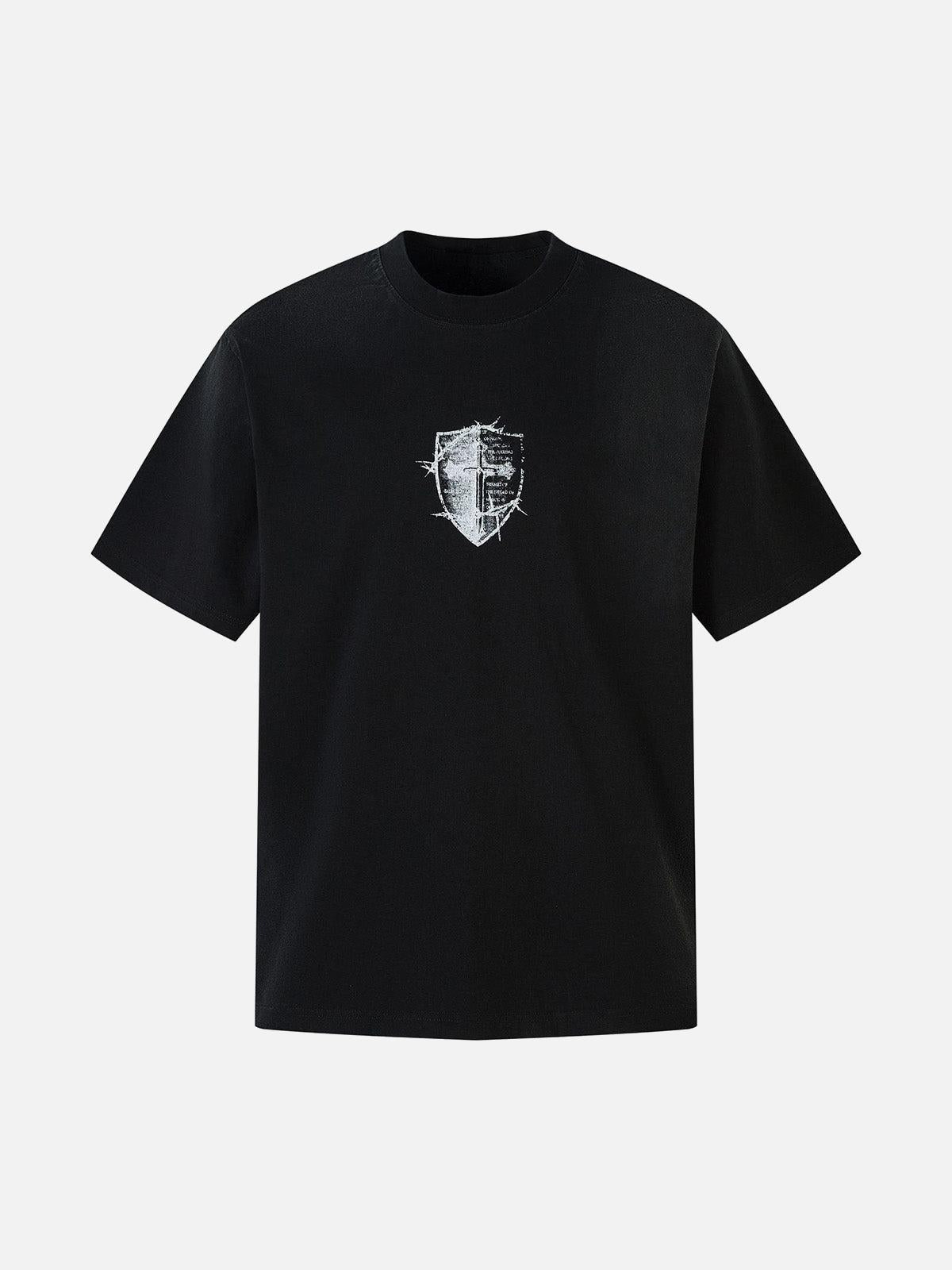 Concert Outfit Heavy Cotton Washed Cross Shield Print T-Shirt Concert Outfit Heavy Cotton Washed Cross Shield Print T-Shirt