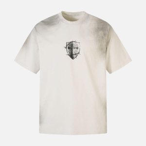 Concert Outfit Heavy Cotton Washed Cross Shield Print T-Shirt