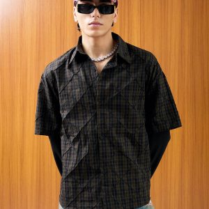 Concert Outfit Heavy Plaid Pleated Striped Faux Two-Piece Polo Shirt