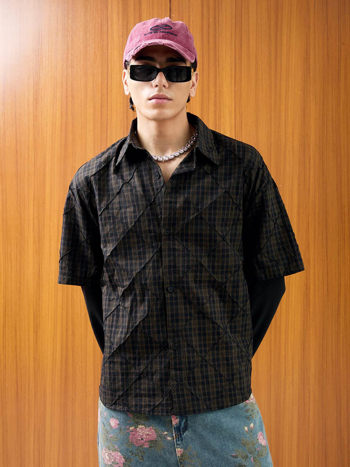 Concert Outfit Heavy Plaid Pleated Striped Faux Two-Piece Polo Shirt Concert Outfit Heavy Plaid Pleated Striped Faux Two-Piece Polo Shirt