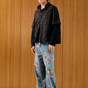 Concert Outfit Heavy Plaid Pleated Striped Faux Two-Piece Polo Shirt