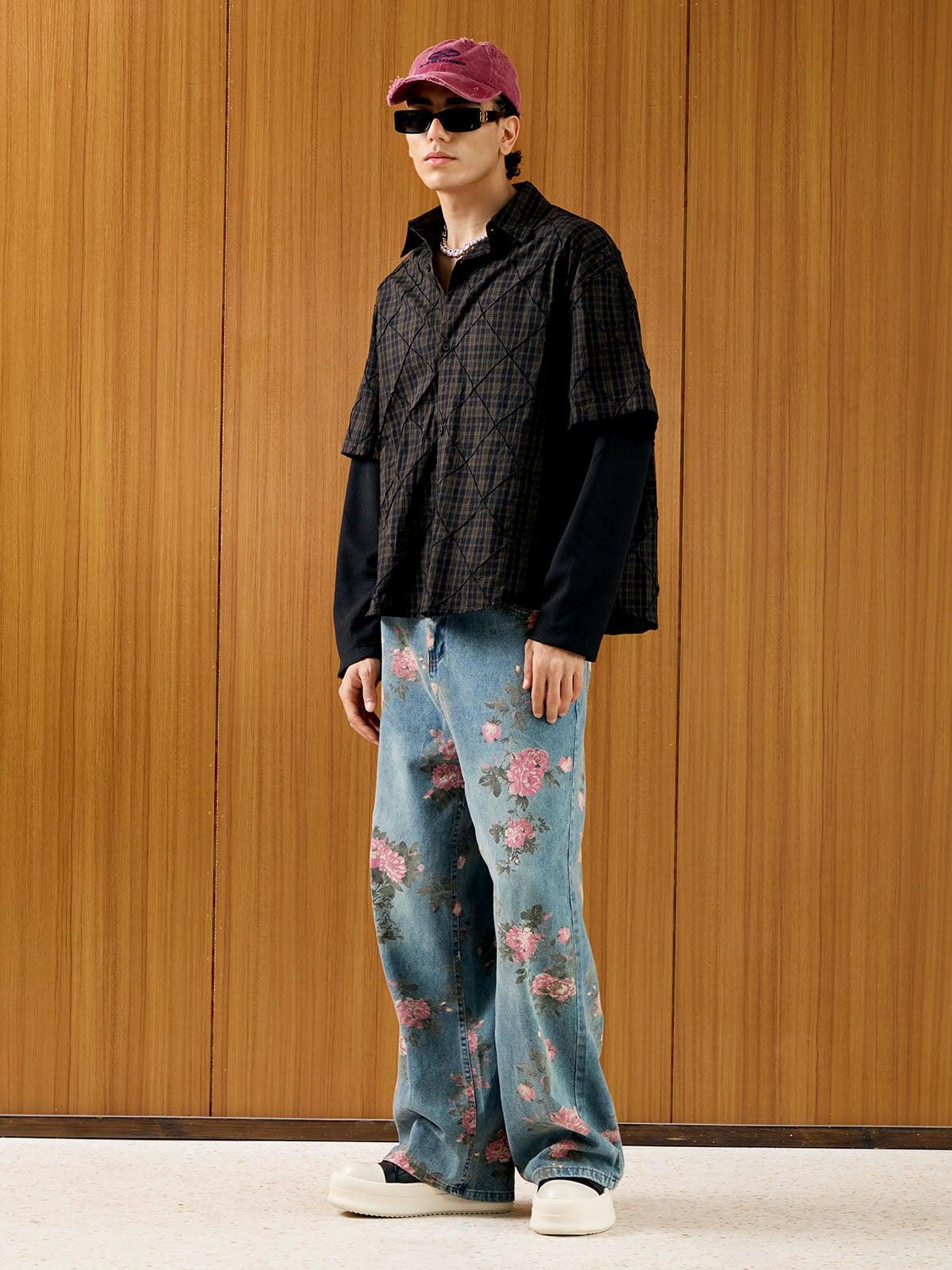 Concert Outfit Heavy Plaid Pleated Striped Faux Two-Piece Polo Shirt Concert Outfit Heavy Plaid Pleated Striped Faux Two-Piece Polo Shirt