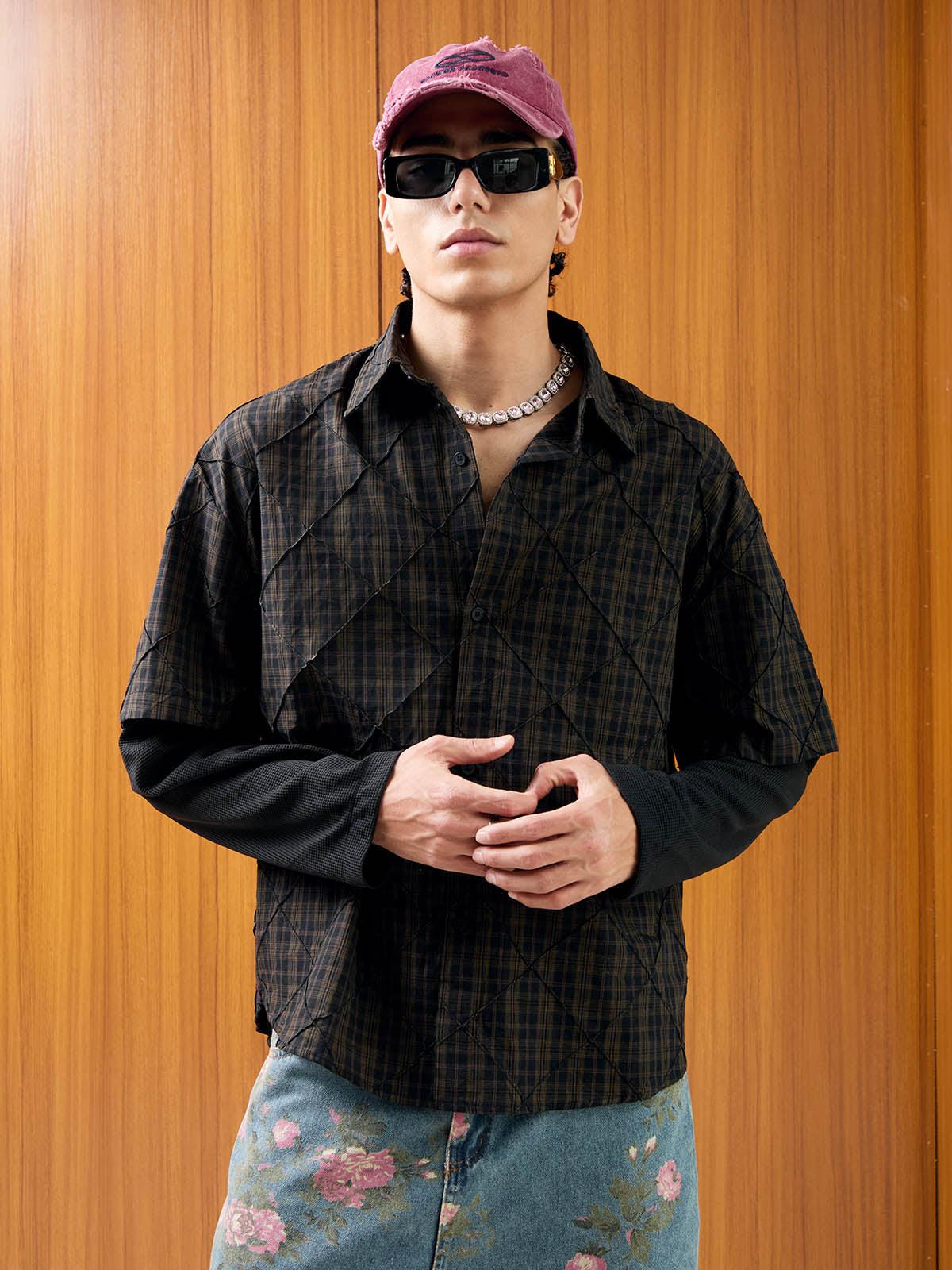 Concert Outfit Heavy Plaid Pleated Striped Faux Two-Piece Polo Shirt Concert Outfit Heavy Plaid Pleated Striped Faux Two-Piece Polo Shirt