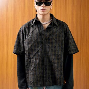 Concert Outfit Heavy Plaid Pleated Striped Faux Two-Piece Polo Shirt