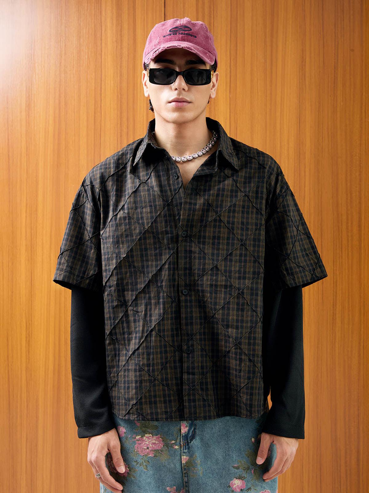 Concert Outfit Heavy Plaid Pleated Striped Faux Two-Piece Polo Shirt Concert Outfit Heavy Plaid Pleated Striped Faux Two-Piece Polo Shirt