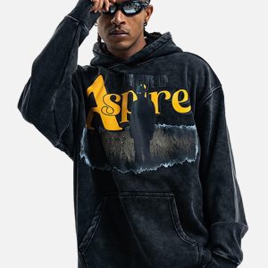 Concert Outfit Heavy Washed Letter Portrait Print Fleece Hoodie