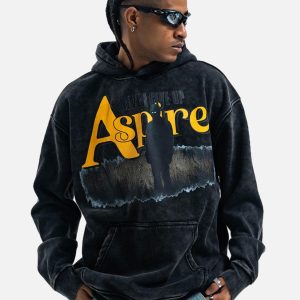 Concert Outfit Heavy Washed Letter Portrait Print Fleece Hoodie
