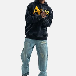 Concert Outfit Heavy Washed Letter Portrait Print Fleece Hoodie