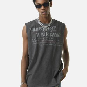 Concert Outfit Heavy Worker Washed And Broken Retro Font Vest