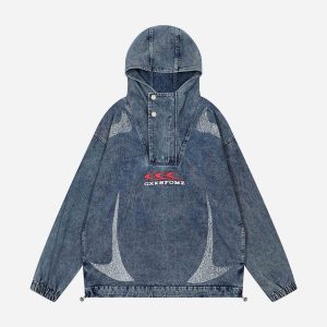 Concert Outfit High-Neck Hooded Wash Denim Jacket