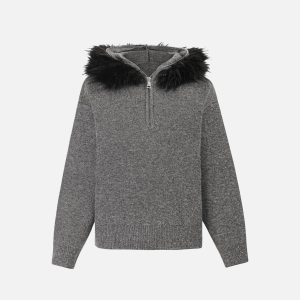 Concert Outfit High Street Detachable Fur Collar Half-Zipped Sweater