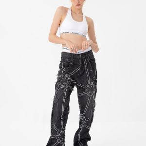 Concert Outfit High Street Hip-Hop Spider Web Denim Pants