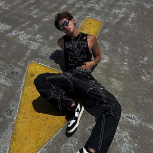 Concert Outfit High Street Hip-Hop Spider Web Denim Pants