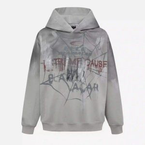 Concert Outfit High Street Hip Hop Spider Web Print Hoodie