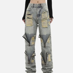 Concert Outfit High Street Washed And Torn Work Pockets Denim Pants