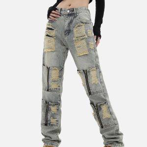 Concert Outfit High Street Washed And Torn Work Pockets Denim Pants