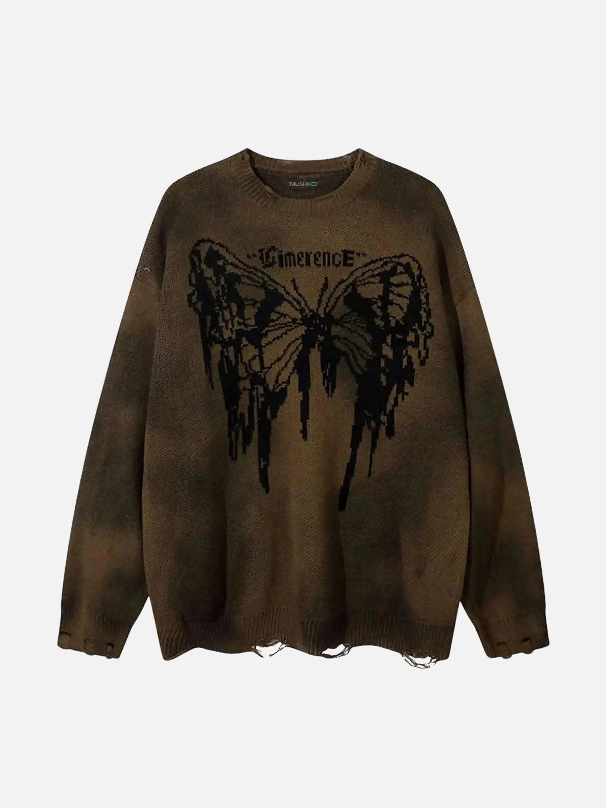 Concert Outfit Hip-Hop Lazy Style Butterfly Jacquard Ripped Sweater Concert Outfit Hip-Hop Lazy Style Butterfly Jacquard Ripped Sweater
