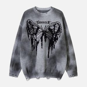 Concert Outfit Hip-Hop Lazy Style Butterfly Jacquard Ripped Sweater