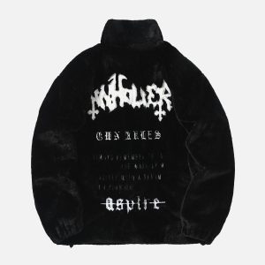 Concert Outfit Hip-Hop Letter Stand Collar Fur Jacket