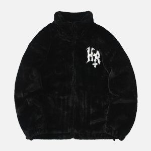 Concert Outfit Hip-Hop Letter Stand Collar Fur Jacket