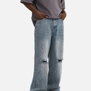 Concert Outfit Hip-Hop Shining Cross Hot Diamond Distressed Washed Baggy Jeans