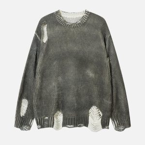 Concert Outfit Irregular Ripped Round Neck Sweater