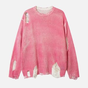 Concert Outfit Irregular Ripped Round Neck Sweater