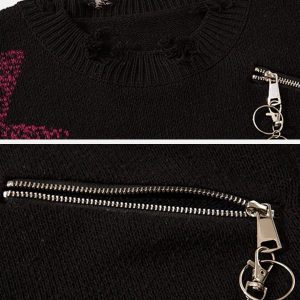 Concert Outfit Irregular Ripped Skeleton Zipper Chain Knit Sweater