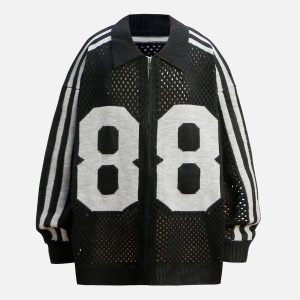 Concert Outfit Jacquard Mesh Knit Zipper Polo Sweater