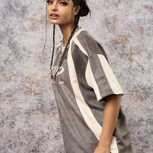 Concert Outfit Jersey Deconstructed Contrast Color Stitching Print T-Shirt