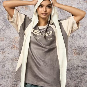 Concert Outfit Jersey Deconstructed Contrast Color Stitching Print T-Shirt