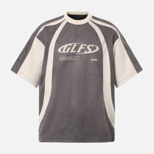 Concert Outfit Jersey Deconstructed Contrast Color Stitching Print T-Shirt