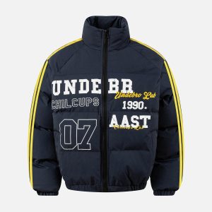 Concert Outfit Jersey Stand Collar Embroidered Quilted Puffer Jacket