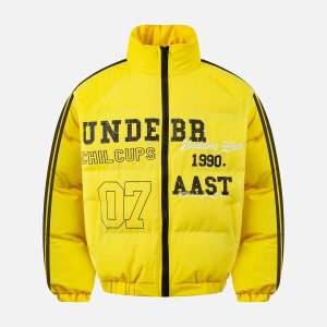 Concert Outfit Jersey Stand Collar Embroidered Quilted Puffer Jacket