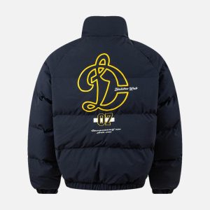 Concert Outfit Jersey Stand Collar Embroidered Quilted Puffer Jacket