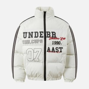 Concert Outfit Jersey Stand Collar Embroidered Quilted Puffer Jacket