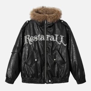 Concert Outfit Lace Lettering Fur Hooded Leather Quited Jacket