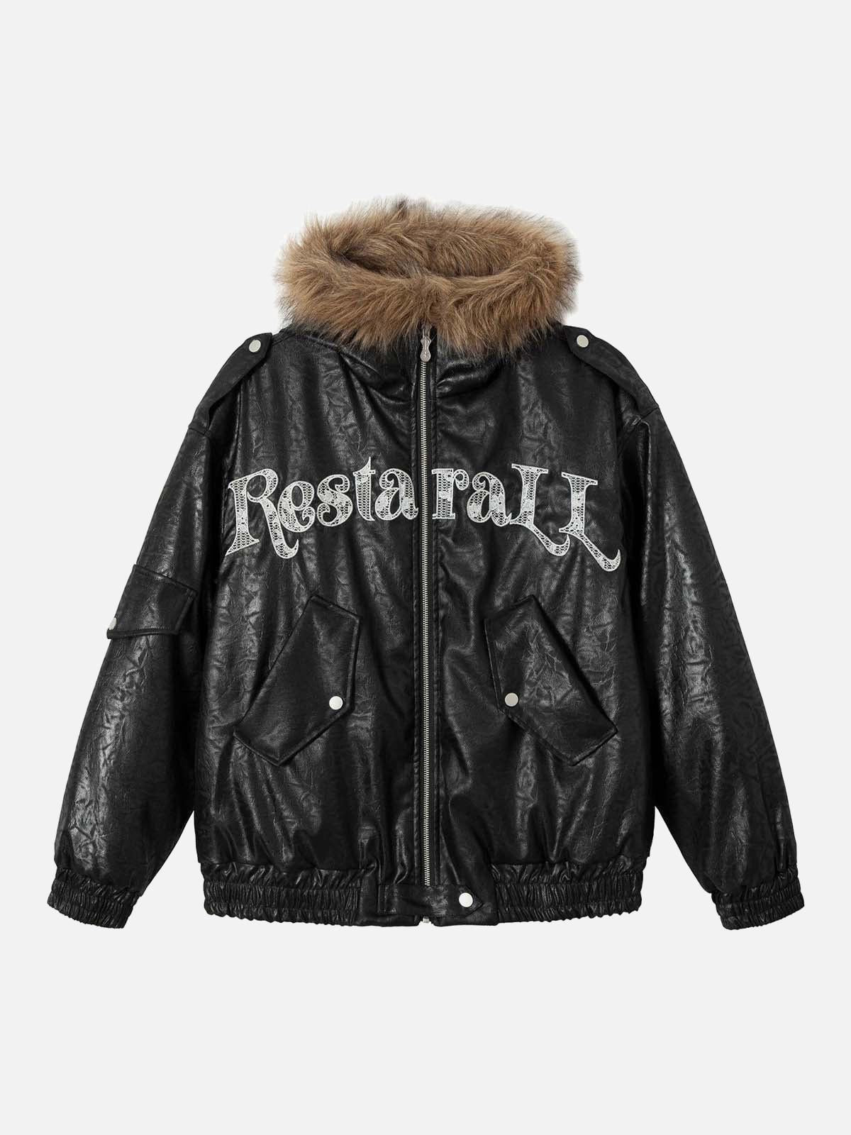 Concert Outfit Lace Lettering Fur Hooded Leather Quited Jacket Concert Outfit Lace Lettering Fur Hooded Leather Quited Jacket