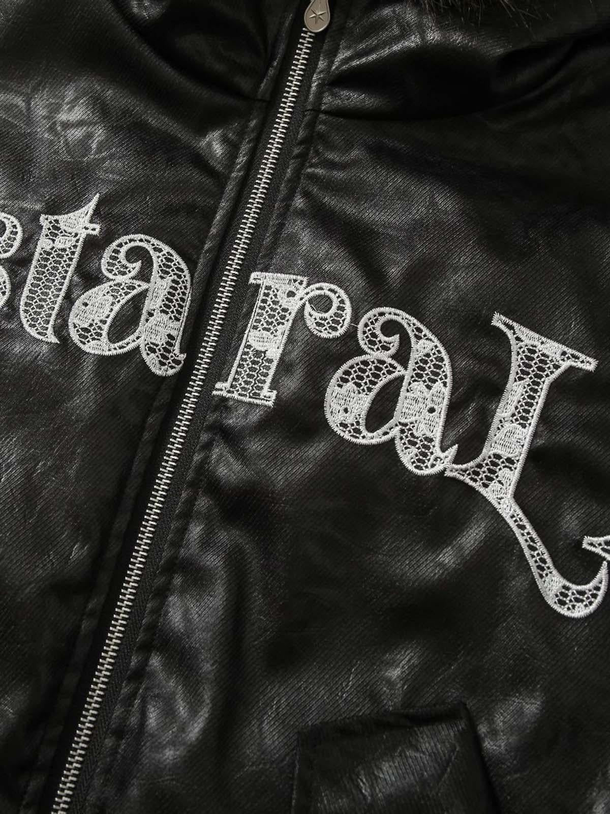 Concert Outfit Lace Lettering Fur Hooded Leather Quited Jacket Concert Outfit Lace Lettering Fur Hooded Leather Quited Jacket