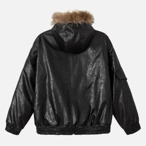 Concert Outfit Lace Lettering Fur Hooded Leather Quited Jacket