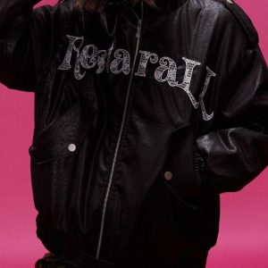 Concert Outfit Lace Lettering Fur Hooded Leather Quited Jacket