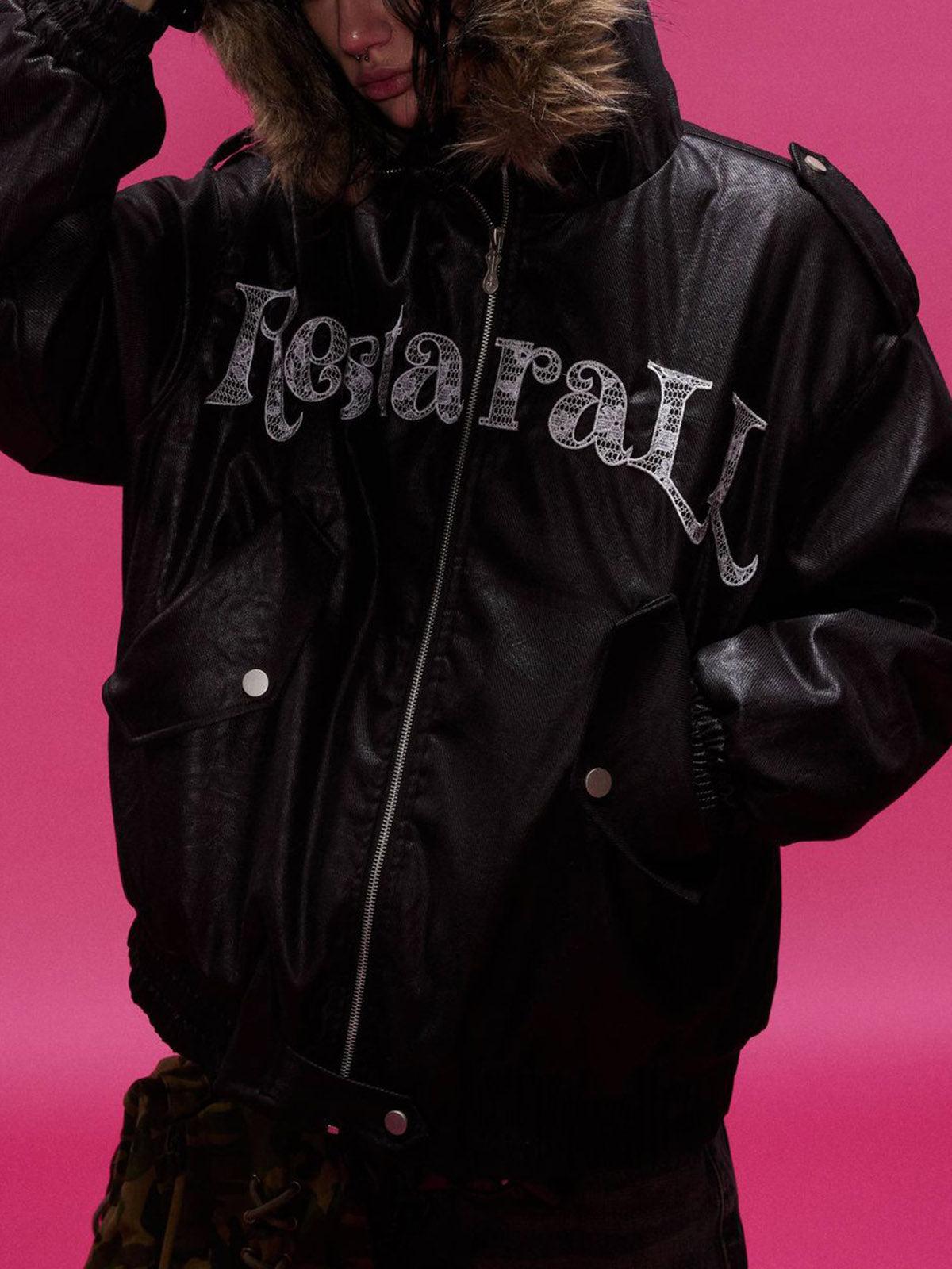 Concert Outfit Lace Lettering Fur Hooded Leather Quited Jacket Concert Outfit Lace Lettering Fur Hooded Leather Quited Jacket