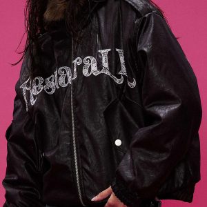 Concert Outfit Lace Lettering Fur Hooded Leather Quited Jacket