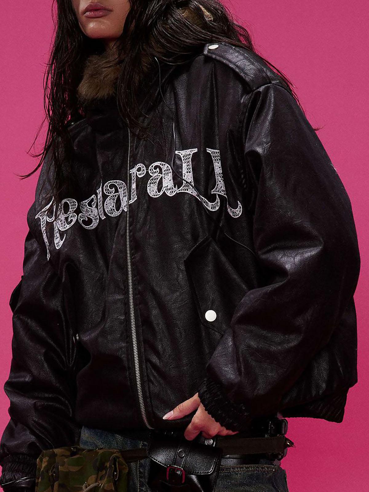 Concert Outfit Lace Lettering Fur Hooded Leather Quited Jacket Concert Outfit Lace Lettering Fur Hooded Leather Quited Jacket